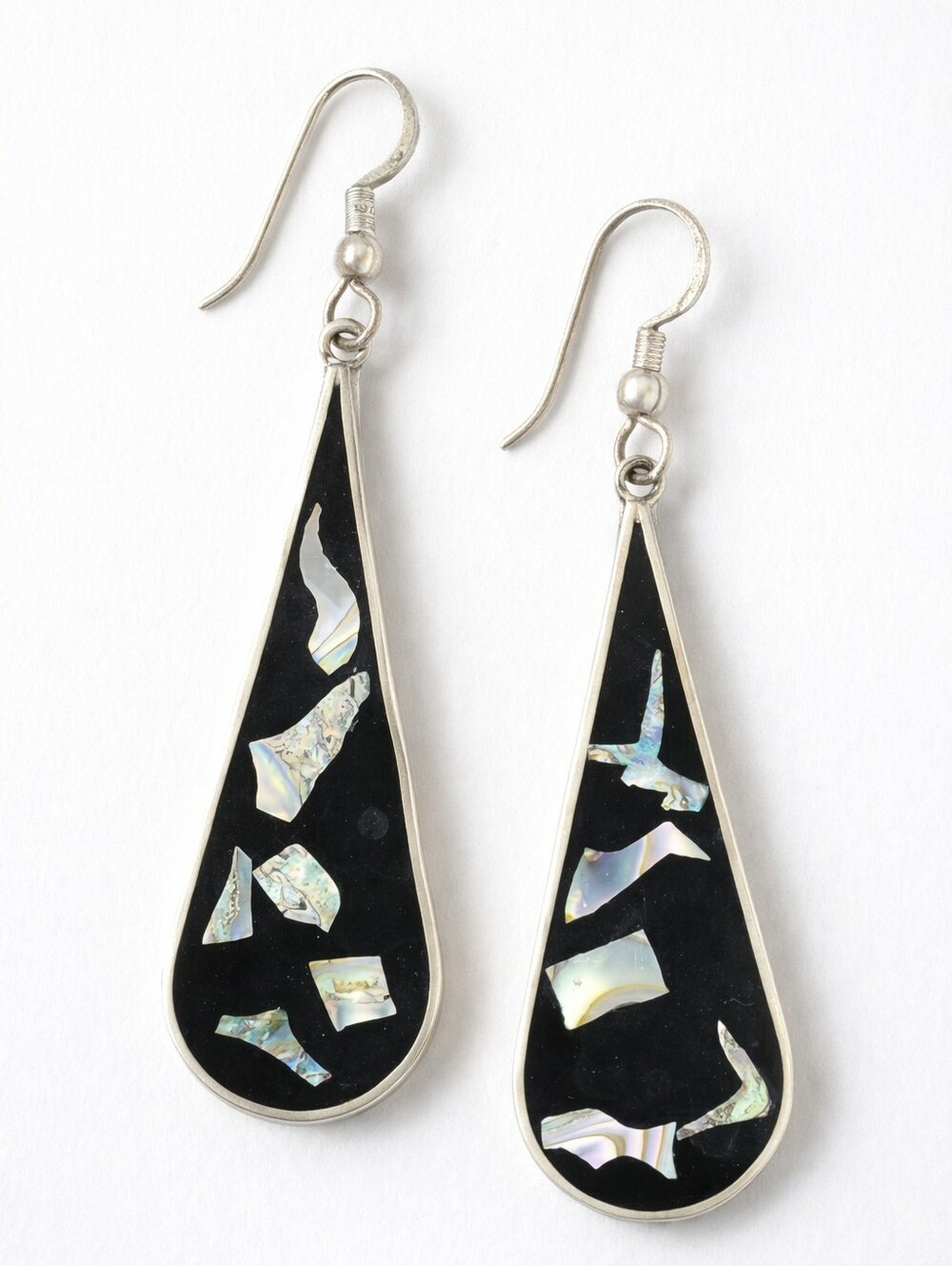 VINTAGE 925 Sterling Silver Black Onyx Abalone Teardrop Boho Dangle Earrings